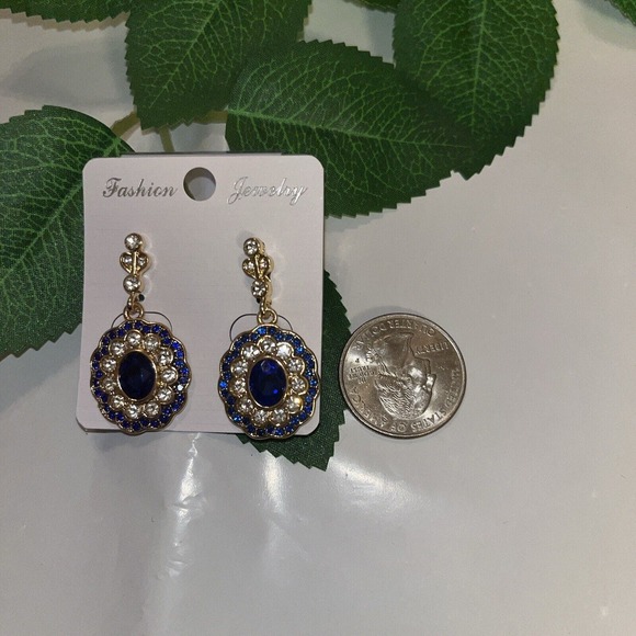 Faux Sapphire/Gold Rhinestones Beautiful Pierced Earrings Fashion Jewelry NWT - Picture 3 of 5